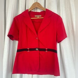 Short Sleeve Blazer Jacket with Black Belt Accents and Vintage Buttons